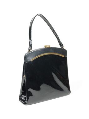 Crown Lewis Black Patent Handbag Leather Vintage Retro Mid Century 50s 60s